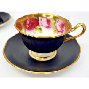 Royal Albert Matte Black OLD ENGLISH ROSE Tea Cup & Saucer Heavy Gold Teacup